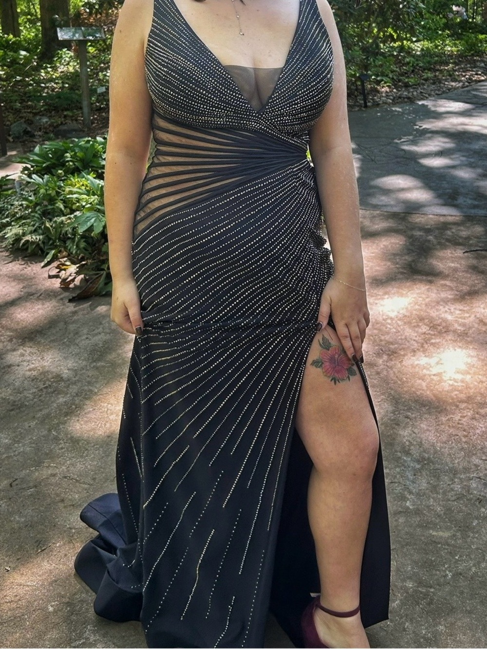 Black Beaded V-Neck Prom Gown with Sheer Side Panels